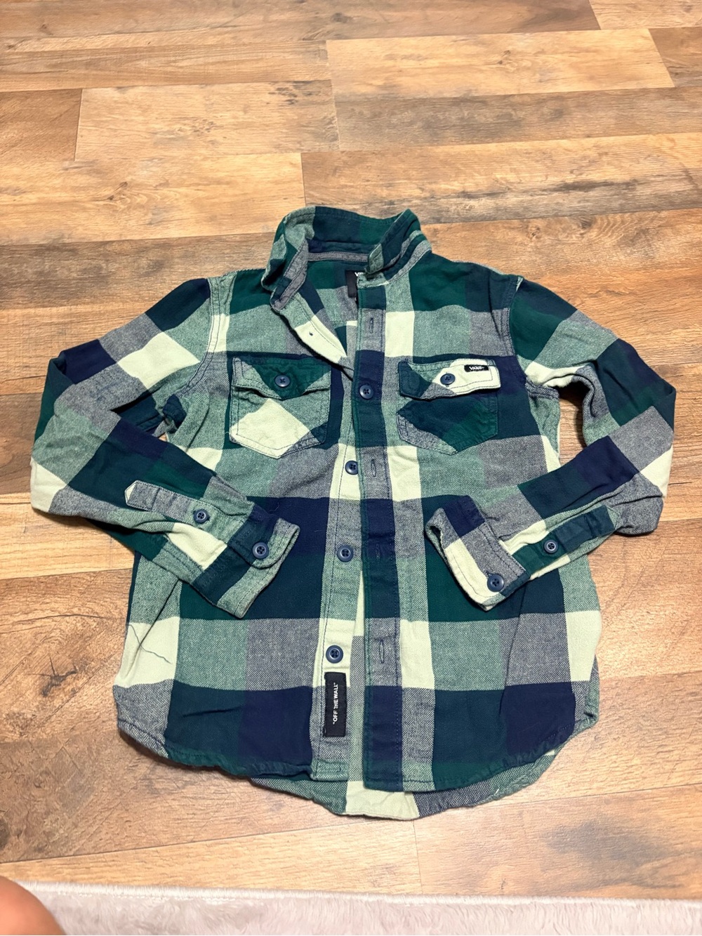 Vans Kids Plaid Flannel Shirt Green Navy Button Down Youth Small Skate Grunge